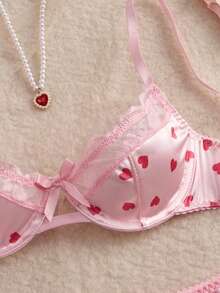 Eraneu 5pcs/Set Valentine's Day Satin Floral Contrast Lace Underwire Lingerie Set Cute Underwear Set Butterfly Lingerie Set Kawaii Lingerie Strawberry Lingerie Birthday Lingerie Set - Pink - View 3