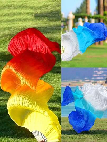 1 pieza Abanico plegable para danza del vientre, abanico de seda de doble cara con flujo extendido, abanico de gasa de degradado de color, abanico de actuación, abanico de práctica de estilo chino