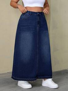 SHEIN ICON Váy denim dài dáng rộng, thoải mái, chất liệu denim mài. - Rửa tối - Xem 5