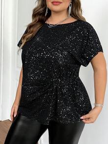 SHEIN CURVE+ 加大码时尚派对金属银色蝙蝠袖褶皱腰身衬衫 情人节 - 黑色 - 查看 3