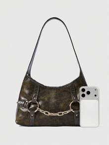 ROMWE Grunge Punk Bolso de hombro con detalle de cadena estilo Y2K, bolso tipo hobo gótico punk, bolso de mano de estilo callejero - Verde militar - Ver 3
