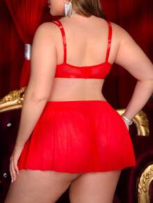 SHEIN 情人节加大码经典性感红色浪漫爱心蕾丝网纱上衣+丁字裤+迷你裙三件套 - 紅色 - 查看 2