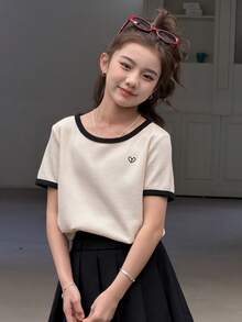 DAZY Tween Girls Round Neck Knit Heart Embroidery Contrast Color Short Sleeve T-Shirt Summer - Apricot - View 1