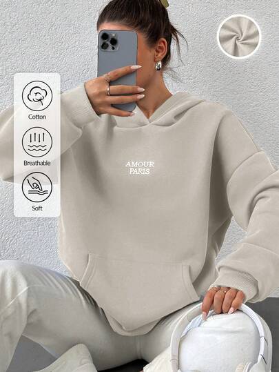 EURMUSE Cotton Women's Letter Print Drop Shoulder Hooded Fleece Sweatshirt