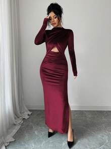 Rafferiza 女士优雅性感修身连衣裙，长袖立领修身天鹅绒面料侧开衩深蓝色连衣裙，秋冬款 - 中紫紅色 - 查看 3