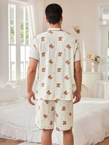 2 件套星月熊印花纱布领男士睡衣套装