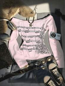 Glimmora 女士复古露肩长袖修身T恤，饰有音符印花，时尚百变，复古Y2K风格，质感面料，姐妹礼物，返校季服装，节日礼物 - 彩色 - 查看 1