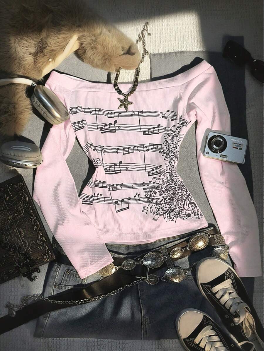 Glimmora 女士复古露肩长袖修身T恤，饰有音符印花，时尚百变，复古Y2K风格，质感面料，姐妹礼物，返校季服装，节日礼物 - 彩色 - 查看 1