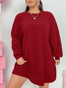 SHEIN EZwear 女士加大码落肩宽松黑色连衣裙 - 玫瑰紅 - 查看 3