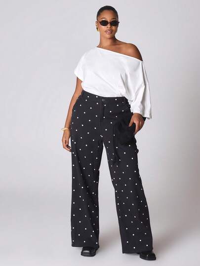 MUSERA Polka Dot Wide Leg Jeans NewYear Cute Sexy Going Out Evening Party Accented