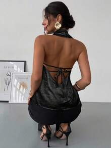 Firerie Women's Elegant Sexy Delicate Romantic Party Daily Commute New Metallic Coated Backless Halter Champagne Color Blouse - Black - View 7
