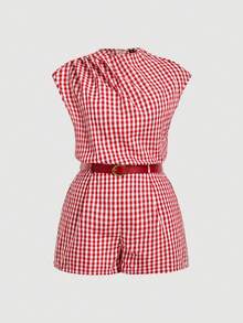 SHEIN MOD 加大码夏季休闲格子连体衣 - 紅白色 - 查看 5
