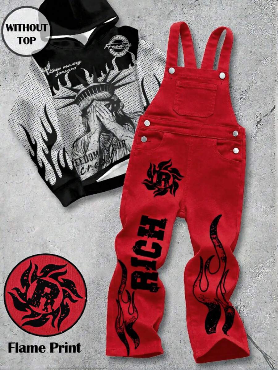 Young Boy Letter Graphic Pocket Denim Bib Overalls - Red - View 1