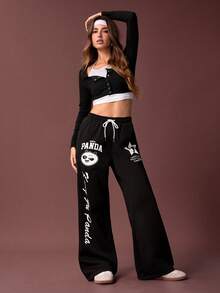 SHEIN Kung Fu Panda Quần nỉ nữ kiểu dáng thường ngày, họa tiết chữ cái và gấu trúc, cạp chun, có dây rút. - màu đen - Xem 5