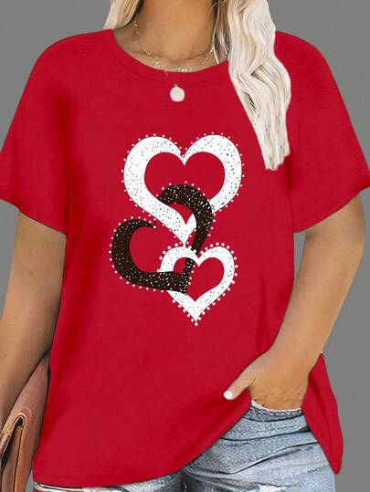 SHEIN CURVE+ Plus Size Women's Summer Heart Print Round Neck Short Sleeve Casual T-Shirt For New Year Clothes Graphic Tees Women Tops