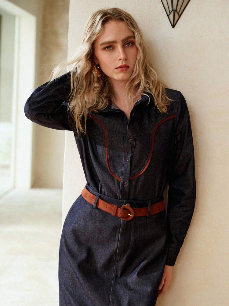 WOMEN'S ELEGANT CONTRAST PIPING DENIM SHIRT WITHOUT BELT