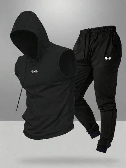 Manfinity Sport Corelite 男士连帽背心和运动裤套装 男士两件套健身服 男士健身套装 运动服 男士运动套装 男士运动服 健身套装