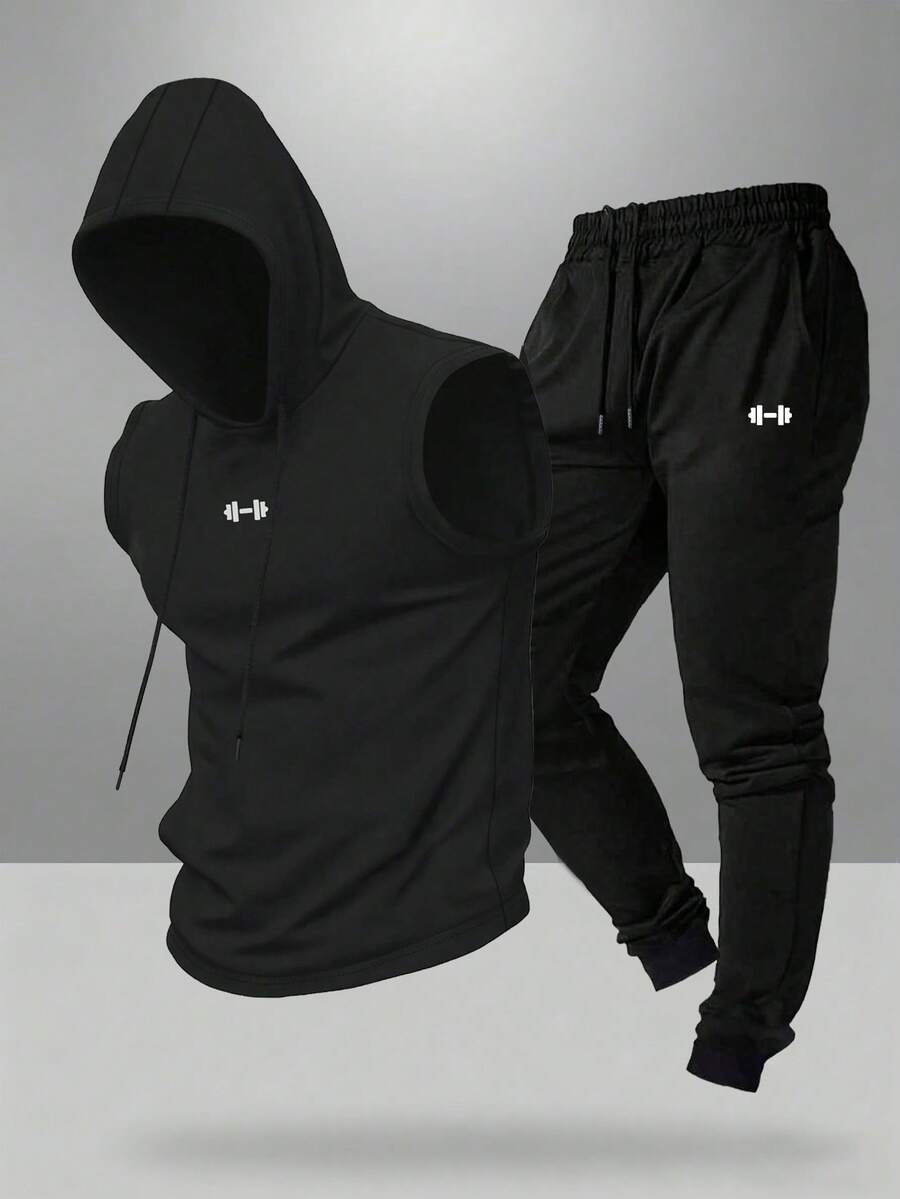 Manfinity Sport Corelite 男士连帽背心和运动裤套装 男士两件套健身服 男士健身套装 运动服 男士运动套装 男士运动服 健身套装 - 黑色 - 查看 1