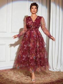 Elenzga 新款网纱印花连衣裙，适合晚宴、约会、下午茶、生日、婚礼等场合，松紧腰设计，休闲大码连衣裙 - 紅色 - 查看 1