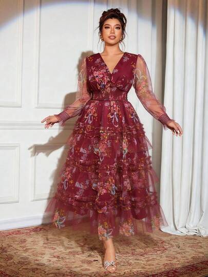 Elenzga New Mesh Floral Print Dress, Suitable For Evening Party, Date, Afternoon Tea, Birthday, Wedding, Elastic Waist Dress, Casual Plus Size Dress