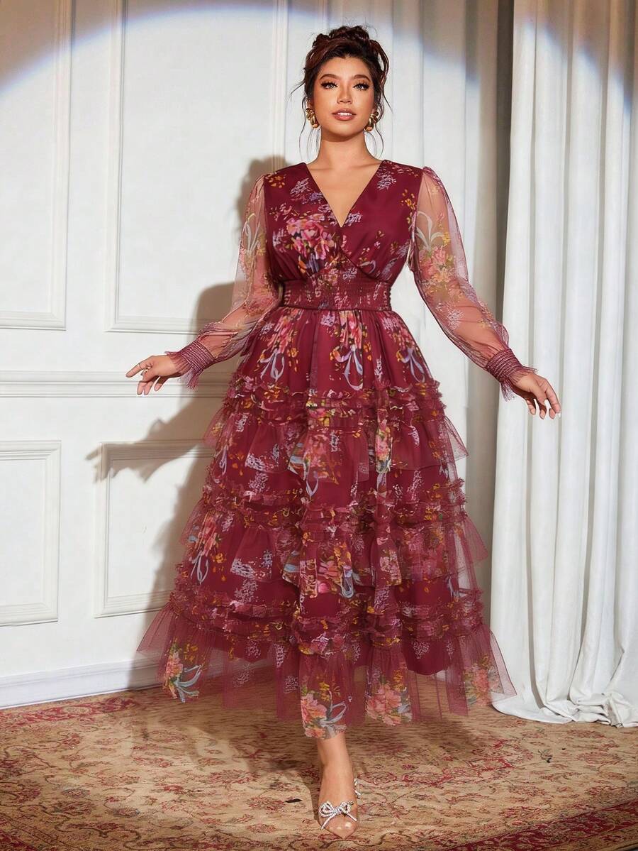 Elenzga 新款网纱印花连衣裙，适合晚宴、约会、下午茶、生日、婚礼等场合，松紧腰设计，休闲大码连衣裙 - 紅色 - 查看 1