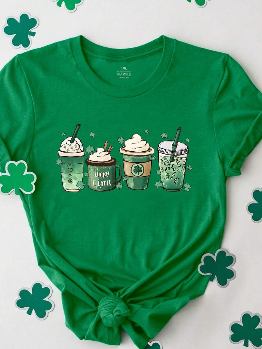 EMERY ROSE 加大码趣味圣帕特里克节咖啡三叶草图案圆领短袖T恤 - 綠色 - 查看 1