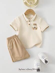 Cozy Pixies 2pcs Baby Boy Cartoon Bear Pattern Polo Collar Short Sleeve Snap Button Top And Elastic Waist Shorts Set