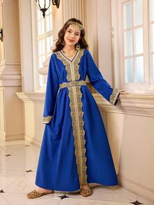 Đầm dài tay cổ chữ V thanh lịch dành cho bé gái tuổi teen, trang trí họa tiết thêu. - Xanh đậm - Xem 7