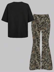 两件套休闲朋克风十字翅膀印花宽松圆领短袖T恤和喇叭裤套装，时尚朋克风青少年穿搭，秋季必备 - 彩色 - 查看 2