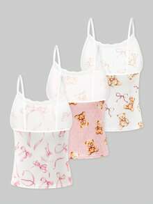 3pcs Girls Cute Bear Print Bow Lace Collar Camisole Tops, Comfortable Casual Everyday Wear - Multicolor - View 2
