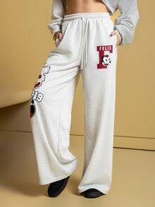 SHEIN Felix The Cat 2pcs Women Casual Letter & Cat Print Asymmetrical Neck Sweatshirt And Pants Set, Autumn - رمادي - مشاهدة 5