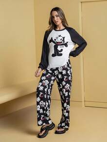 SHEIN Felix The Cat 女士秋季猫咪印花撞色插肩袖上衣和裤子睡衣套装 - 黑與白 - 查看 6