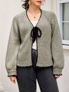 CosyJoli Áo len thường ngày cỡ lớn có nơ buộc và áo len cardigan viền màu tương phản - Xám - Xem 2