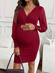 SHEIN Pregnant Women Solid Color Draped V-Neck Ruched Fitted Long Sleeve Elegant Dress - Burgundy - View 1