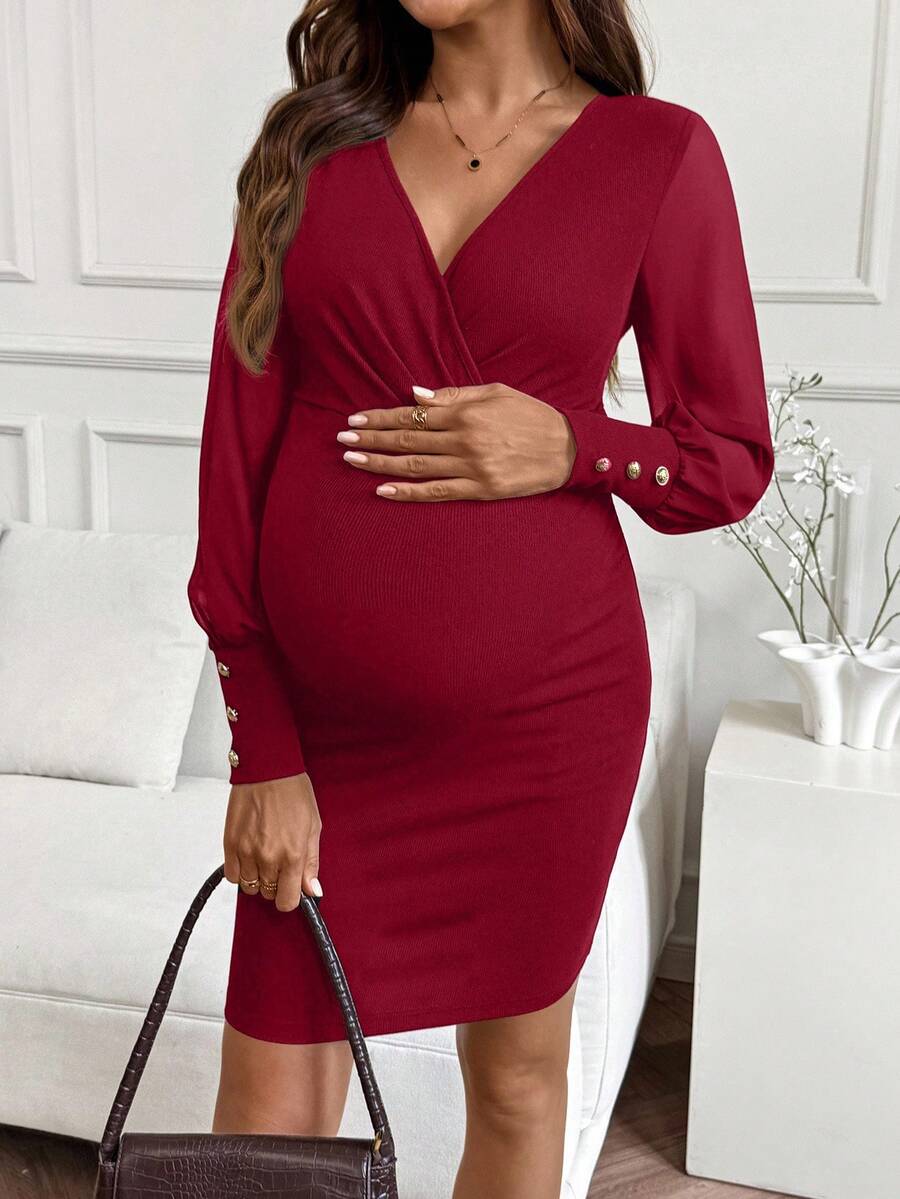 SHEIN Pregnant Women Solid Color Draped V-Neck Ruched Fitted Long Sleeve Elegant Dress - Burgundy - View 1