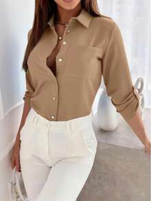 Selamara Áo sơ mi dài tay cổ tay màu trơn dáng casual dành cho nữ - Cà phê nâu - Xem 3