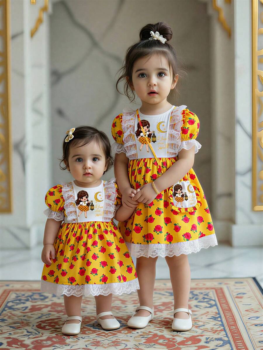 Ramadan Lantern, Star & Moon Cartoon Print Lace Patchwork Robe, 1pc Cute Infant Printed Dress, Abaya - Orange - View 1