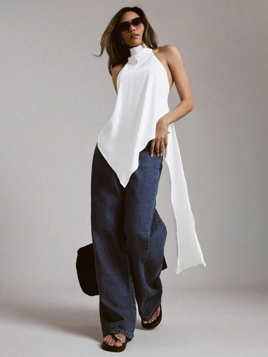 Hauture Women's High Neck Simple Sexy Elegant Drapery Woven With Tie Back High Low Hem Top - White - View 1