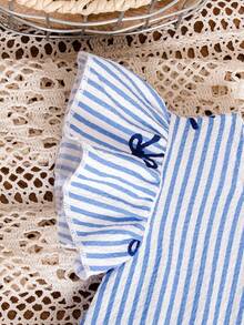 SHEIN 2 Stücke Baby Mädchen Frühling/Sommer Lässig gestreifte Rüschenärmel Schleife Webshirt Top und Hose Set Kleinkind Koordinationsanzug Baby Mädchen Prinzessin Lässig Hose Sets Blau und Weiß Outfit für Baby Mädchen Zweiteiler Baby Mädchen - Blau - Übersicht 4