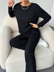 SHEIN PETITE Cotton Women Solid Color Ribbed Tee & Pants - Black - View 3