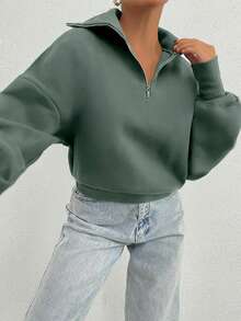 SHEIN Tall 100% Cotton Collar With Zipper Pattern Oversize Sweatshirt, Tall Women - Mint Green - View 3