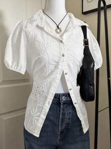 Flirla Plus Size Casual Fashionable Hollow Out Short Sleeve Shirt - White - View 1