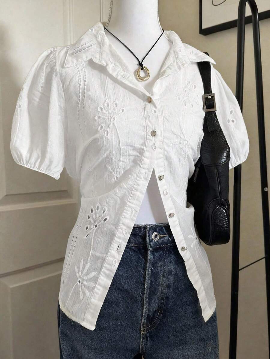 Flirla Plus Size Casual Fashionable Hollow Out Short Sleeve Shirt - White - View 1