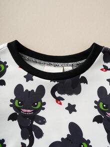 SHEIN How to Train Your Dragon 2pcs Baby Boy Casual Cute All-Over Print Crew Neck Sweatshirt And Sweatpants Set, Autumn - Black and White - View 3
