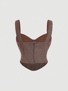 SHEIN MOD 大码棕色羊毛无袖宽肩带背心，棕色束身胸衣，棕色束身衣，棕色上衣，秋季，背心，格子粗花呢，女教师，返校季，背心，复古风格，叠穿造型，外出上衣，粗花呢上衣，优雅上衣，商务休闲上衣，办公室女神优雅上衣 - 棕色 - 查看 2