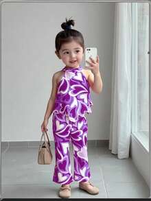 Emery Rose Kids Emery Rose Kids 女婴两件套，时尚爱心针织吊带上衣和喇叭裤 - 彩色 - 查看 2