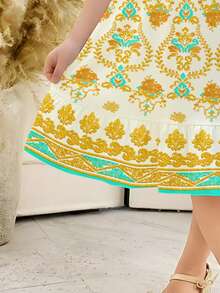 SHEIN Young Girl Floral Print Patchwork Ruffle Hem Casual Minimalist Dress, Suitable For Spring/Summer - Multicolor - View 4