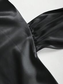 Sweetra Women's Elegant Bow Tie Halter Neck Pleated Satin Camisole - Black - View 3