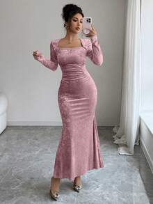 Elenzga 女士高领丝绒金色弹力针织修身连衣裙，优雅褶皱腰身鱼尾下摆，适合工作、约会、派对等场合，长袖，及地长款，秋冬季 - 粉色 - 查看 7