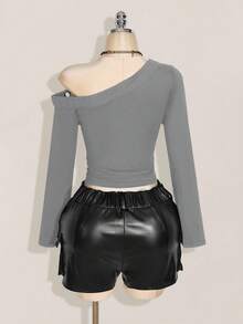 SHEIN ICON Áo len dệt kim tay dài đính lỗ kim loại chéo vai cỡ lớn, thời trang thu đông Y2K cổ điển - Màu Xám nhạt - Xem 2